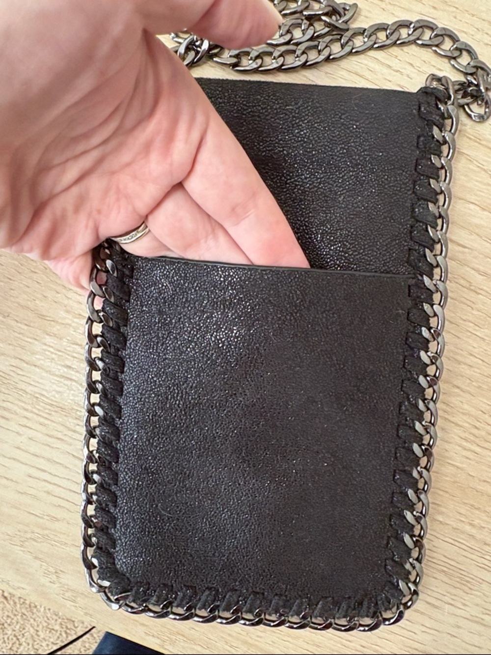 Black Chain Trim Phone Crossbody Bag | Edgy Faux Leather Mini Pouch | Festival - Picture 4 of 7